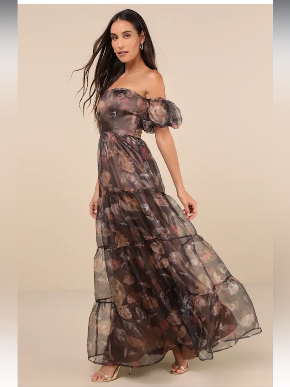 Lulus Exquisite Brown Finesse Floral Organza Off The Shoulder Maxi Dress NWT XL - Picture 2 of 16